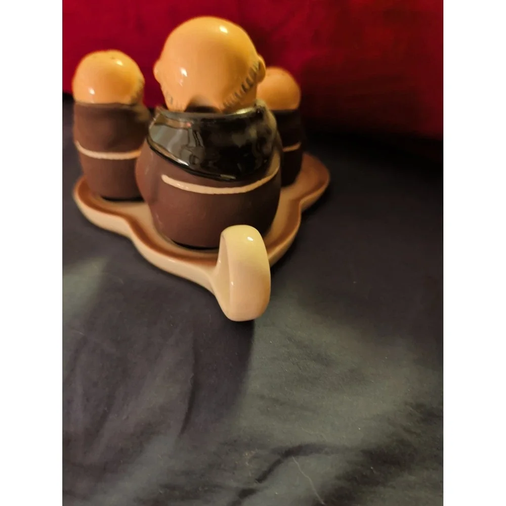VINTAGE SALT, PEPPER, SUGAR W/ STAND COMPLETE MONK SET - WEST GERMANY Goebel.